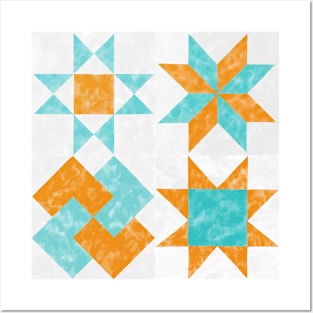 Sampler Quilt Orange and Teal Watercolor Posters and Art